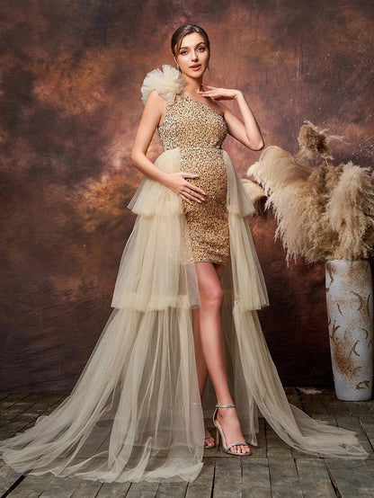 Maternity One-Shoulder Sequin Sleeveless A-Line Evening Gown — authorized product image 4