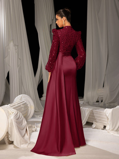 Elegant Satin Evening Gown with High Slit & Crystal-Embellished Sleeves – Luxurious Backdrop for High-End Wedding Receptions or Charity Galas, XS-XL