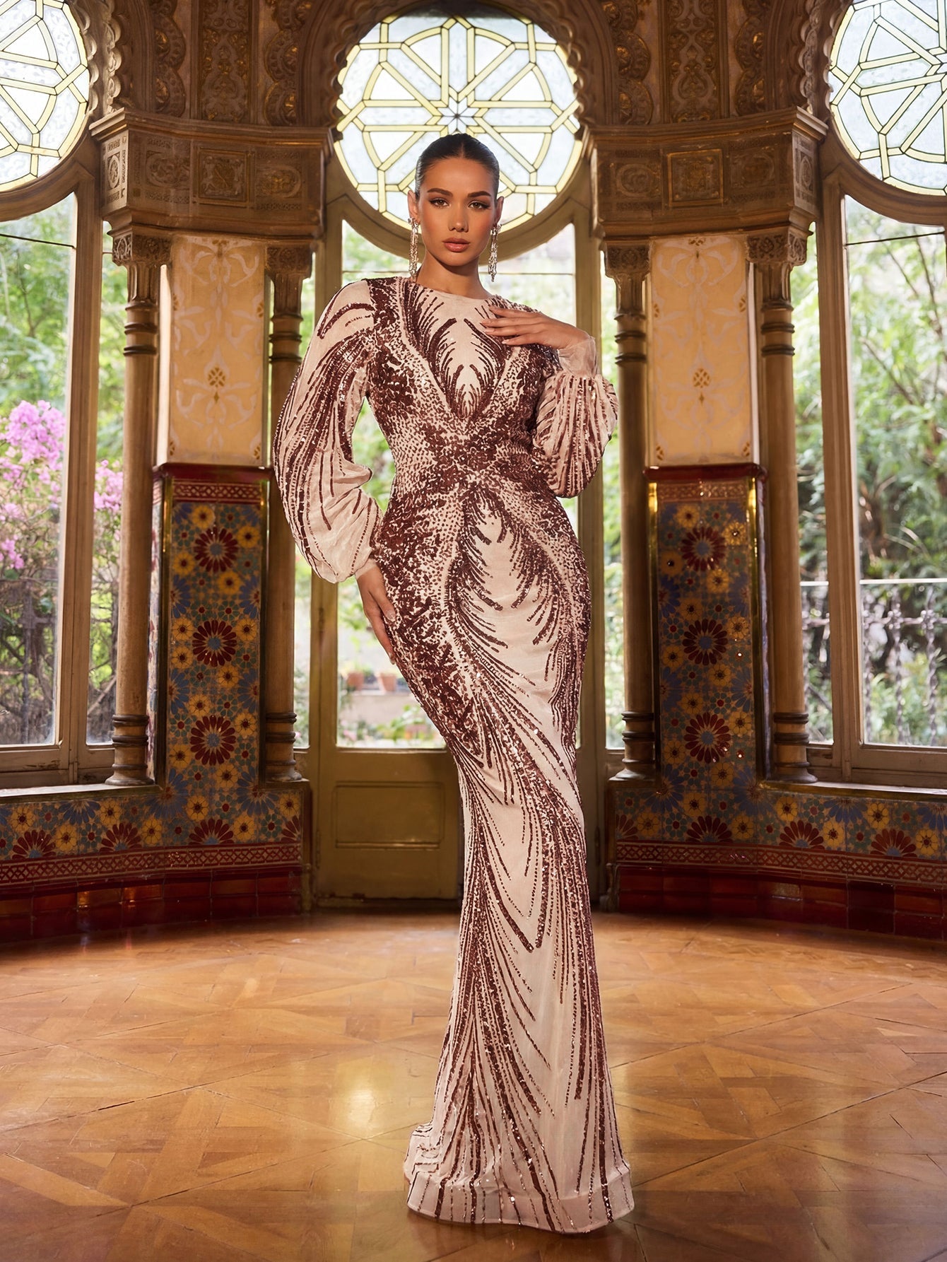 Gorgeous Lantern Sleeves Mermaid Hem Graphic Sequin Evening Dress