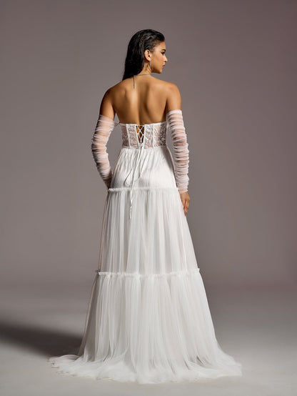 Elegant Lace Corset Bodice Sheer Sleeves A-line Tulle Wedding Dress – view 2