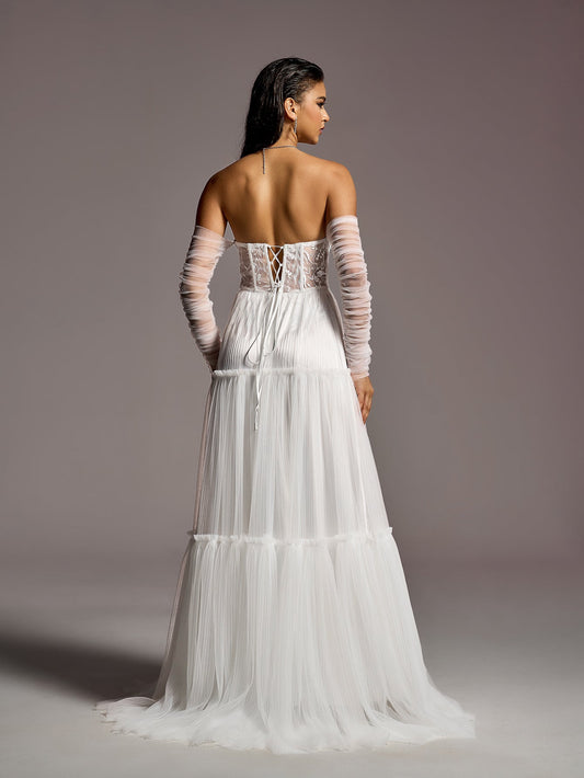 Elegant Lace Corset Bodice Sheer Sleeves A-line Tulle Wedding Dress – view 2