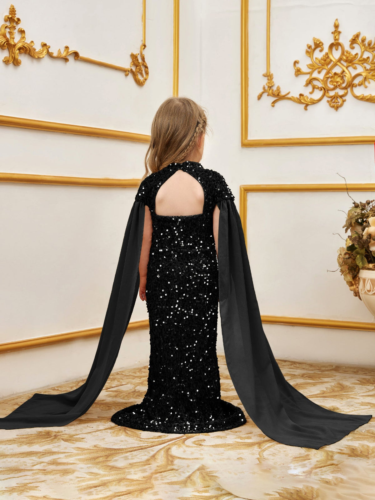 Additional product view of Cape-Sleeve Mock-Neck Sequin Mermaid Maxi Young Girls' Party Dress