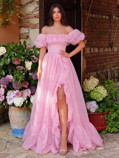 Additional product view of Ruffle Trim Puff-Sleeve Square-Neck Mesh High-Slit Evening Gown