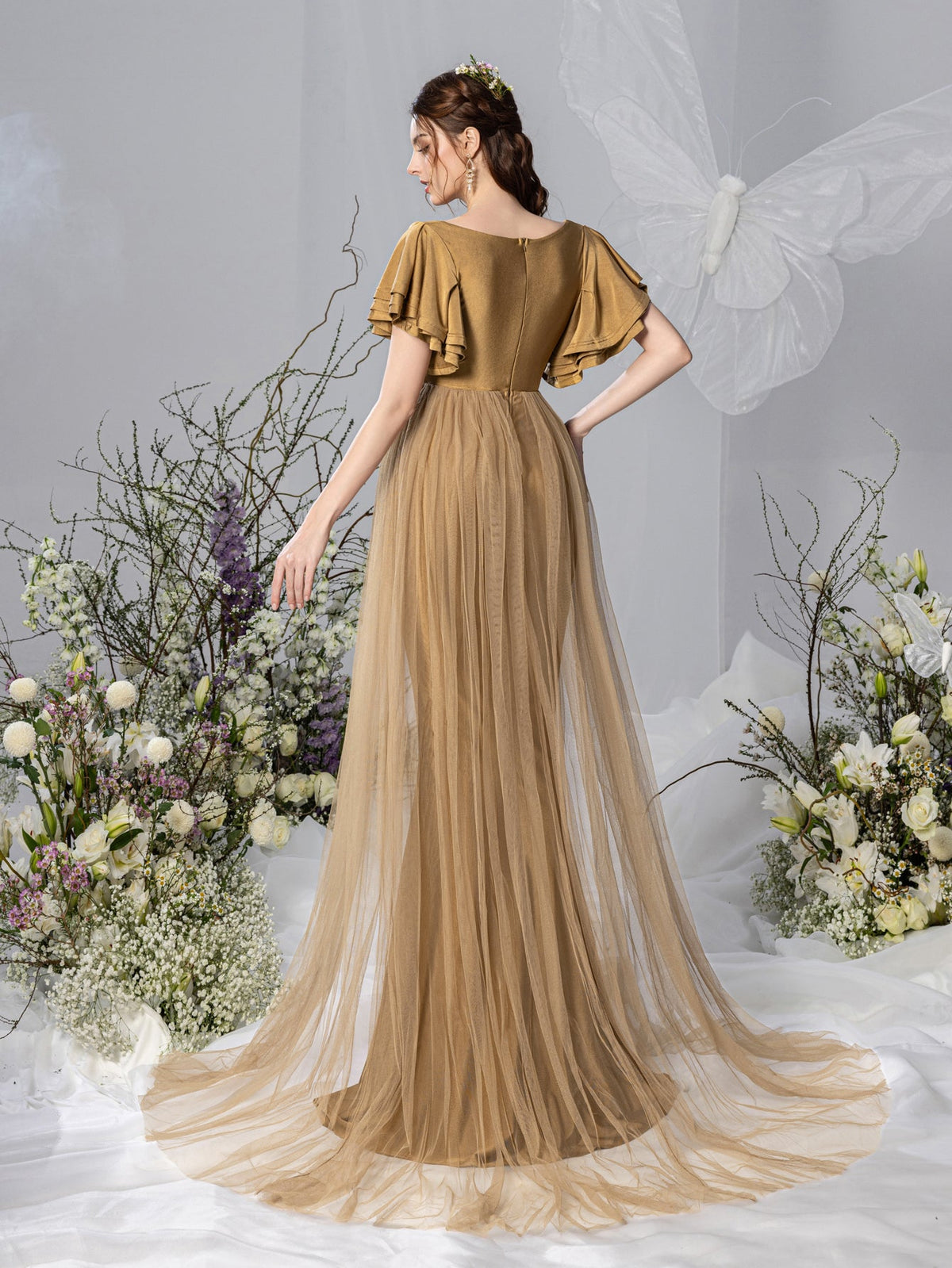 Maternity V-Neck Ruffle-Sleeve Mermaid Evening Dress - product image 2