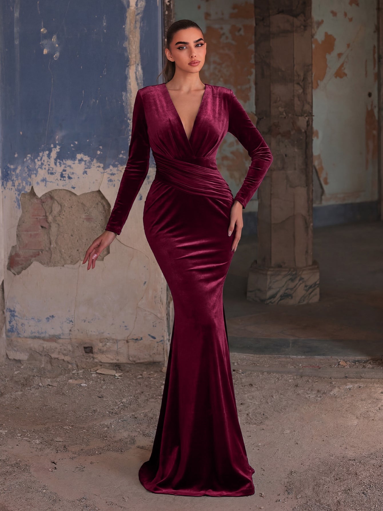 Elegant V-Neck Long Sleeve Velvet Mermaid Dress – view 13