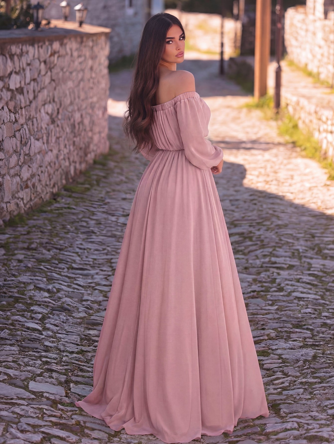 Additional product view of High-Slit Belted Off-Shoulder Chiffon A-Line Maxi Formal Dress