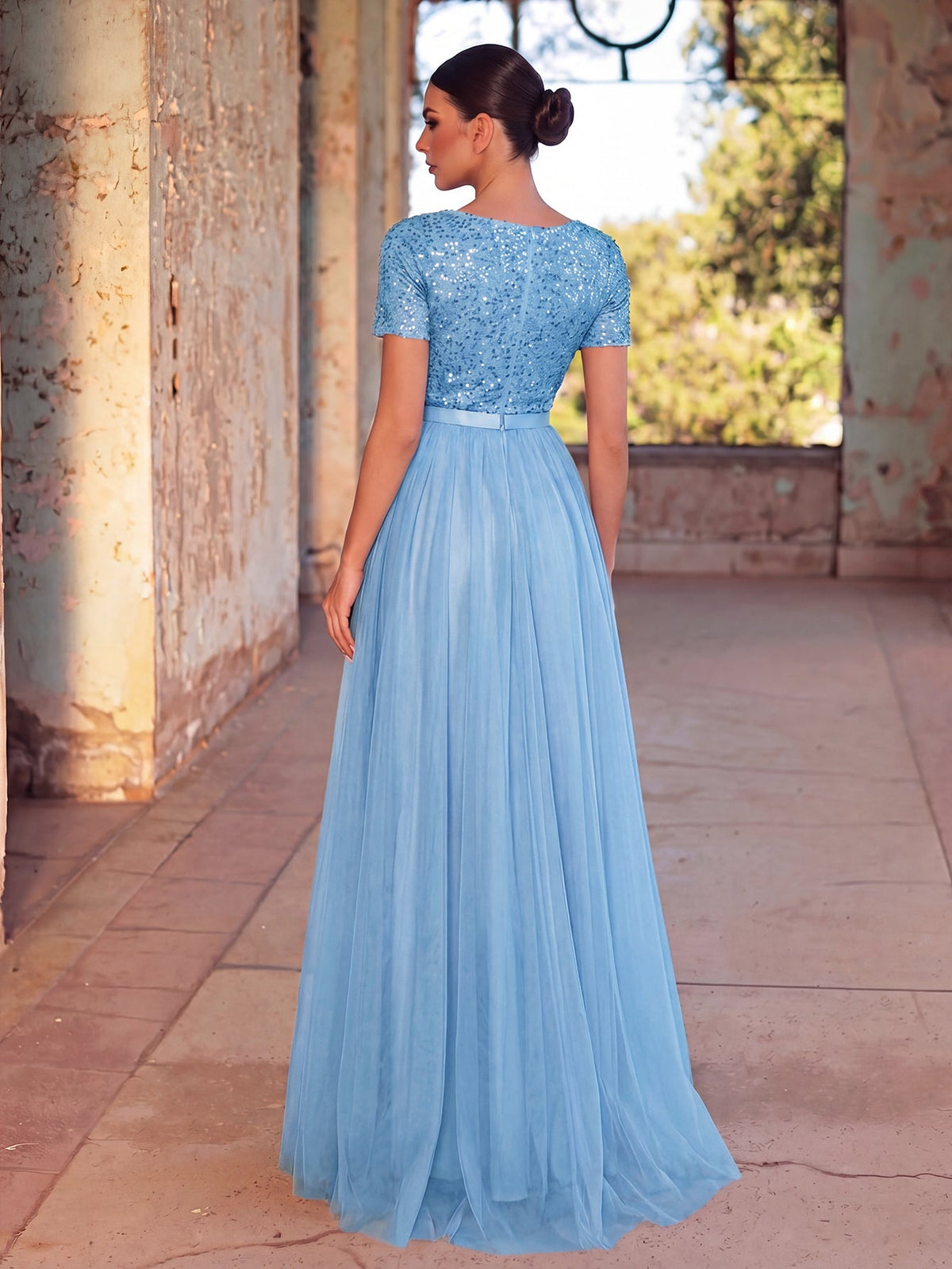 Additional product view of Tulle Skirt Boat-Neck Sequin A-Line Short-Sleeve Evening Gown