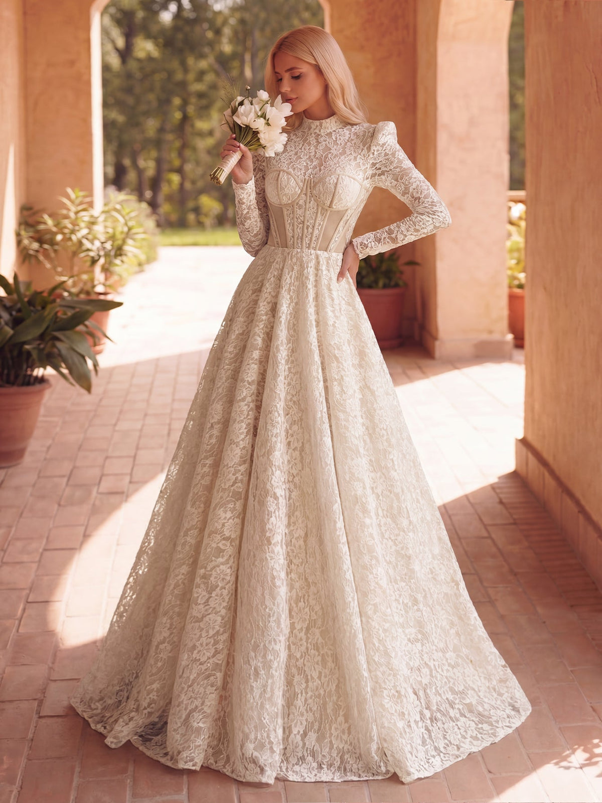 Lace Mock-Neck Long-Sleeve A-Line Maxi Wedding Dress in White