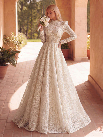 Lace Mock-Neck Long-Sleeve A-Line Maxi Wedding Dress in White