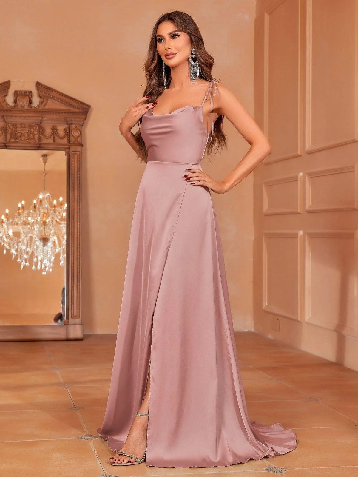 Elegant Tie Shoulder Satin Bridesmaid Dress – view 16
