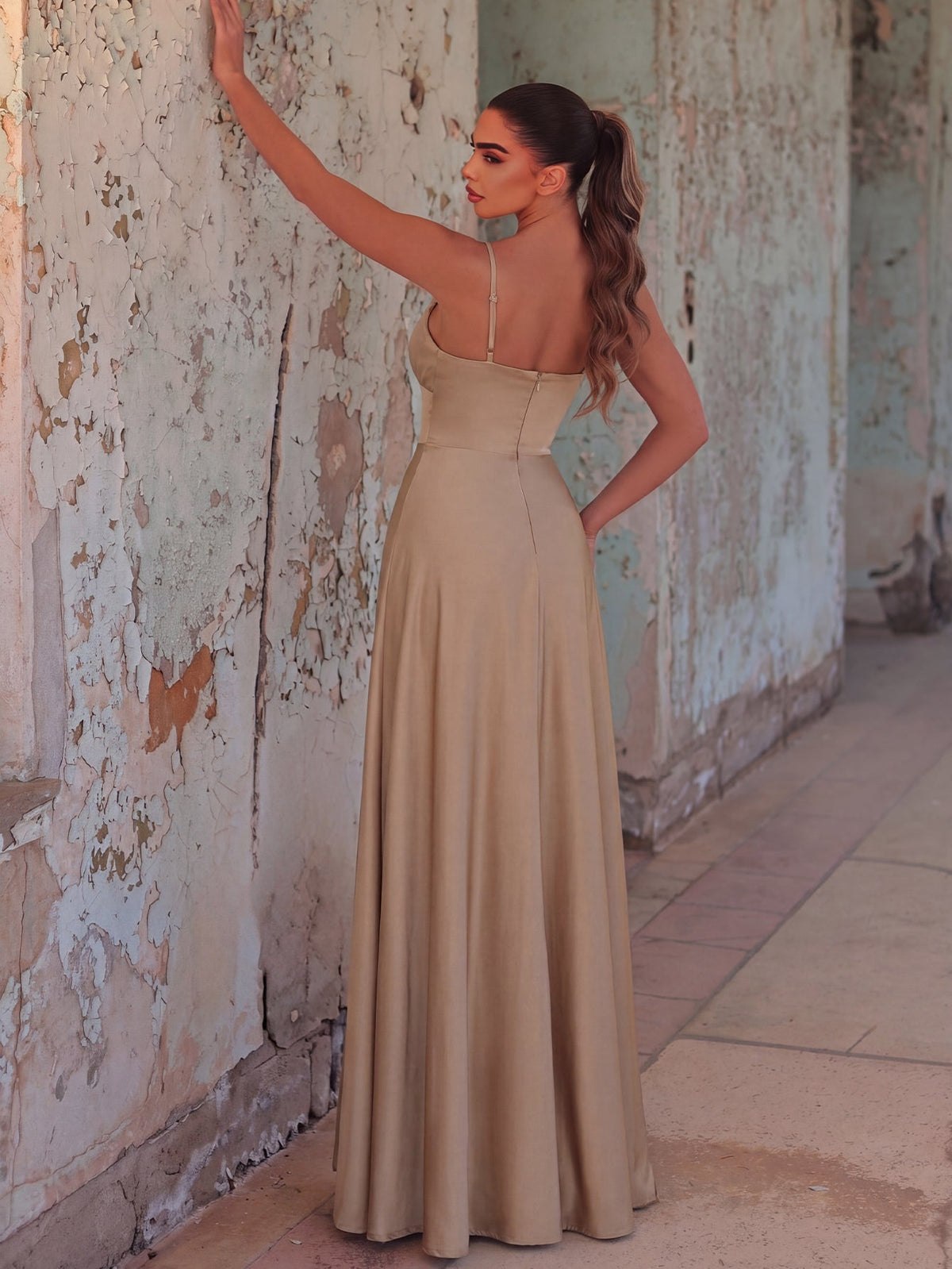 Additional product view of Cami Strap High-Slit Knit A-Line Sleeveless Evening Gown