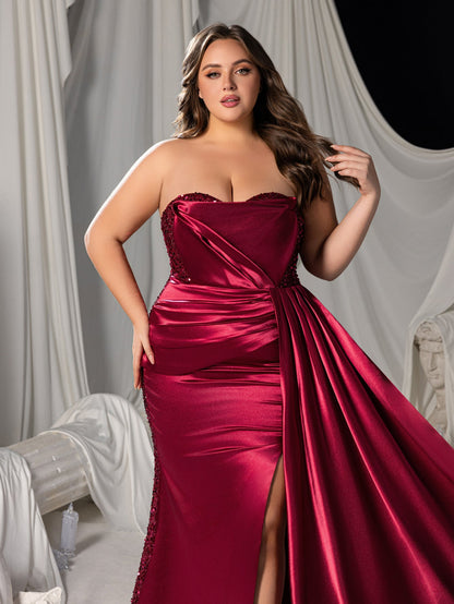 Plus Strapless Mermaid Hem Satin Evening Dress with Sequin Accents