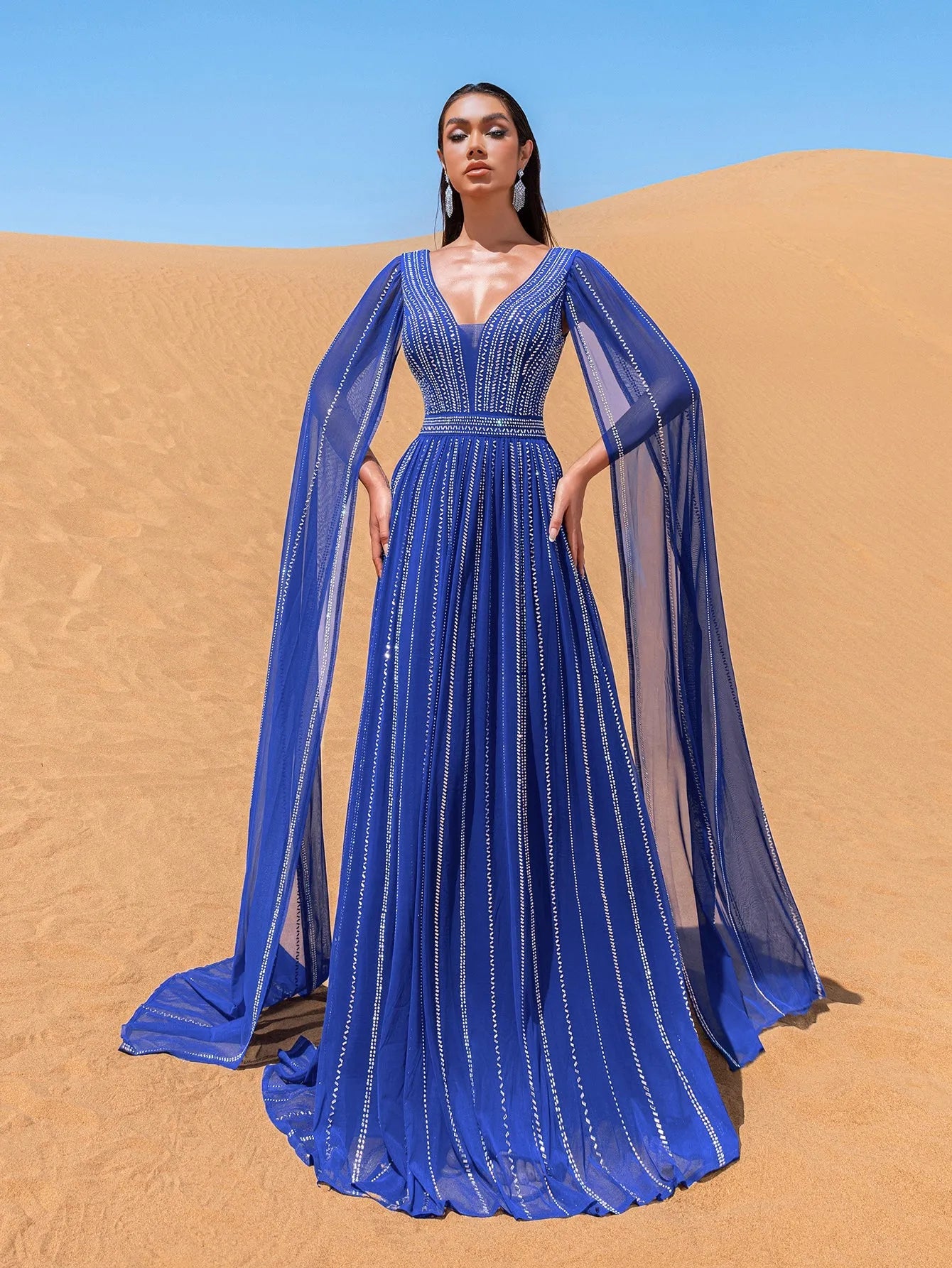 Luxury Gorgeous Rhinestone Detail Plunging Neck Cape Sleeves Formal Prom Dress – view 16