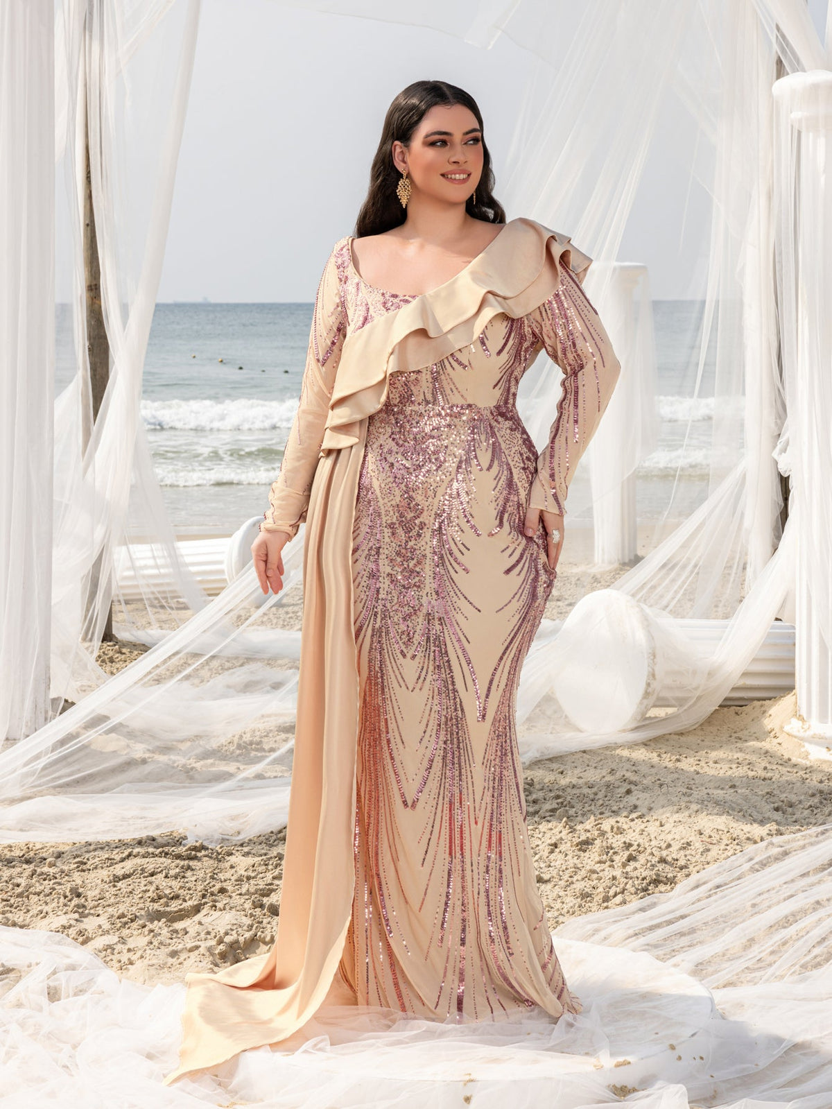 Plus Asymmetrical Ruffle Trim Mermaid Hem Graphic Sequin Formal Dress Evening Dress