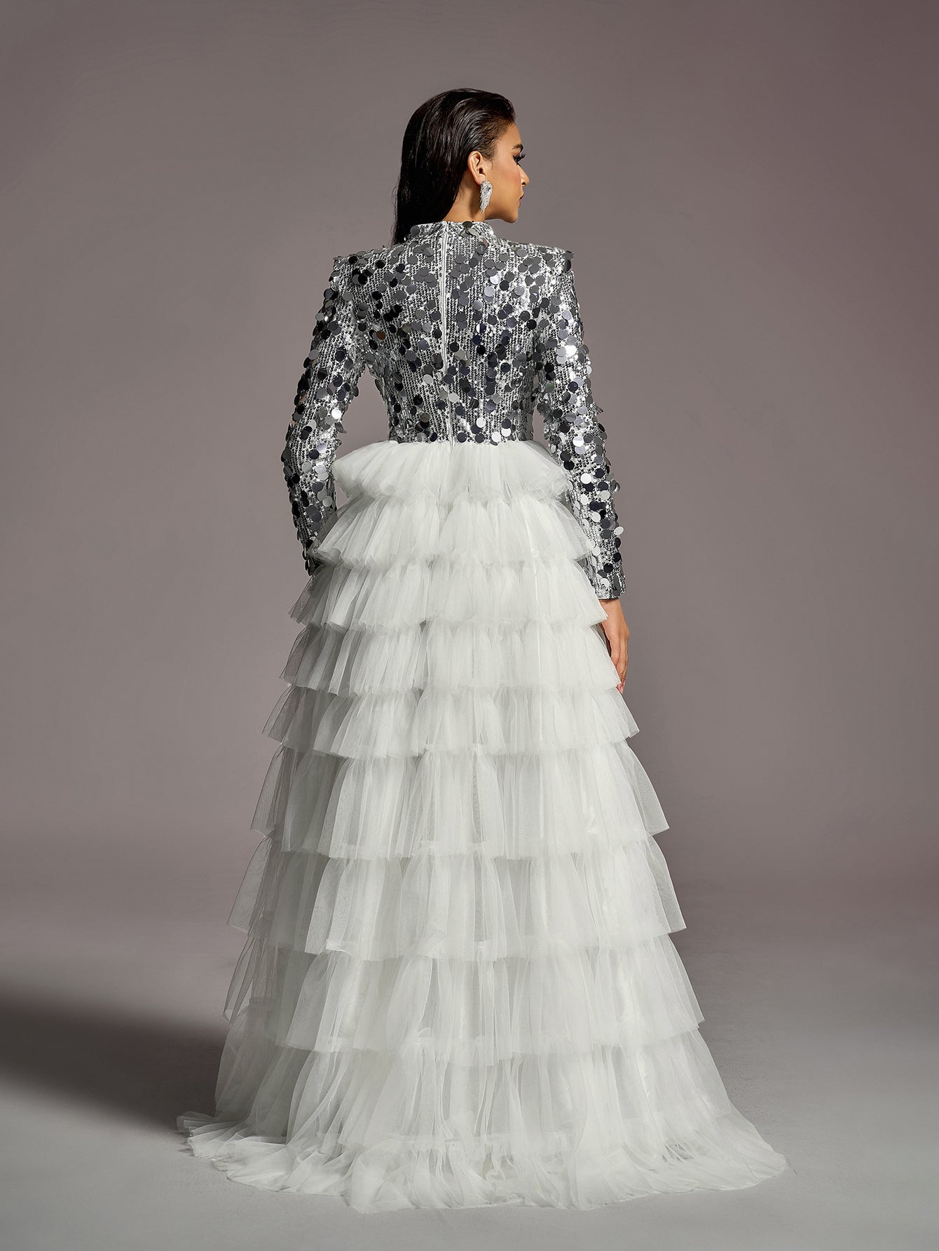 Additional product view of Layered Hem Sequin Bodice Tulle Mock-Neck Long-Sleeve Wedding Dress
