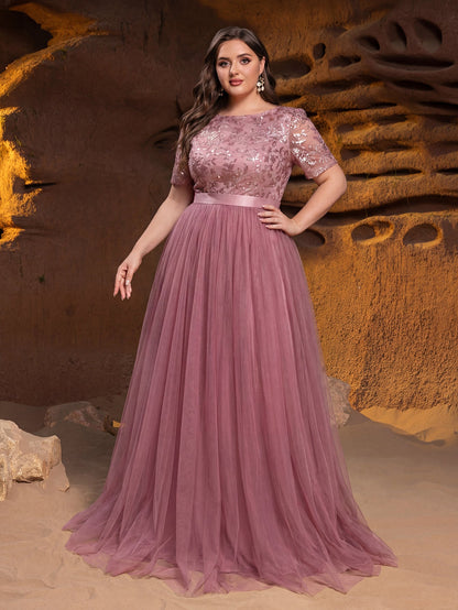Plus-Size Boat Neck Sequin Short-Sleeve A-Line Evening Gown