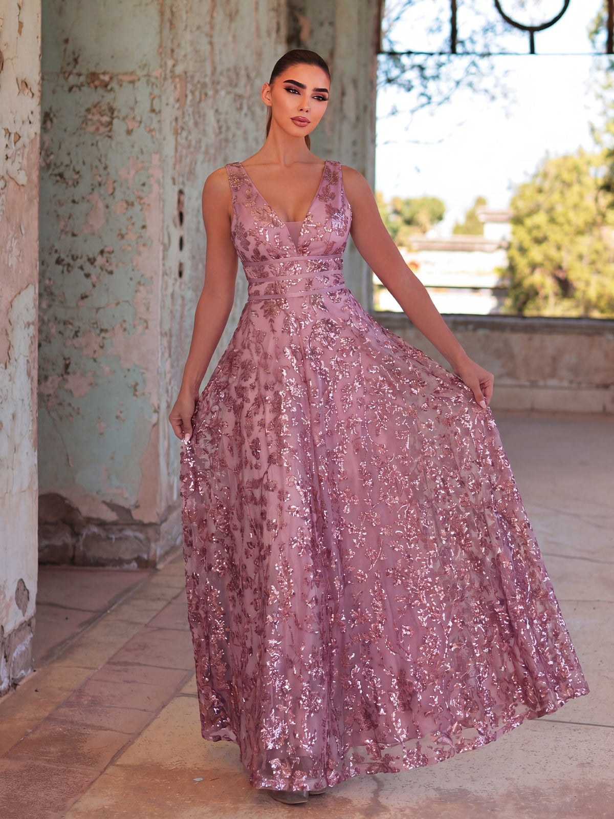 Plunging Neck Sleeveless Embroidered Sequin Dresses