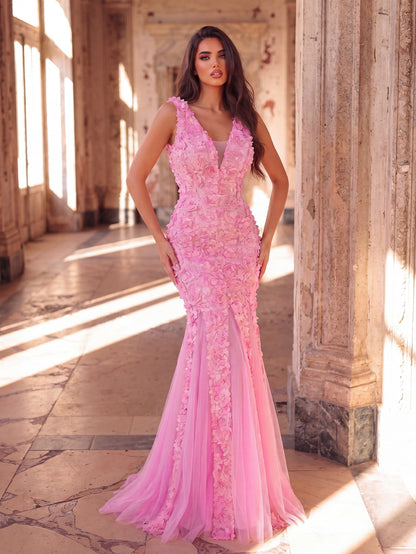 3D Floral Appliqué Tulle Maxi Dress | Halter Neck Mermaid Silhouette with Open Back & High Leg Slit | Evening Gown for Weddings, Parties, Prom
