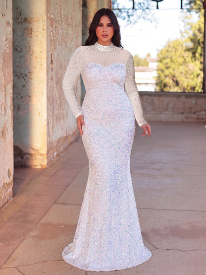 Plus Pearl Decor Mock Neck Sequin Mermaid Dress