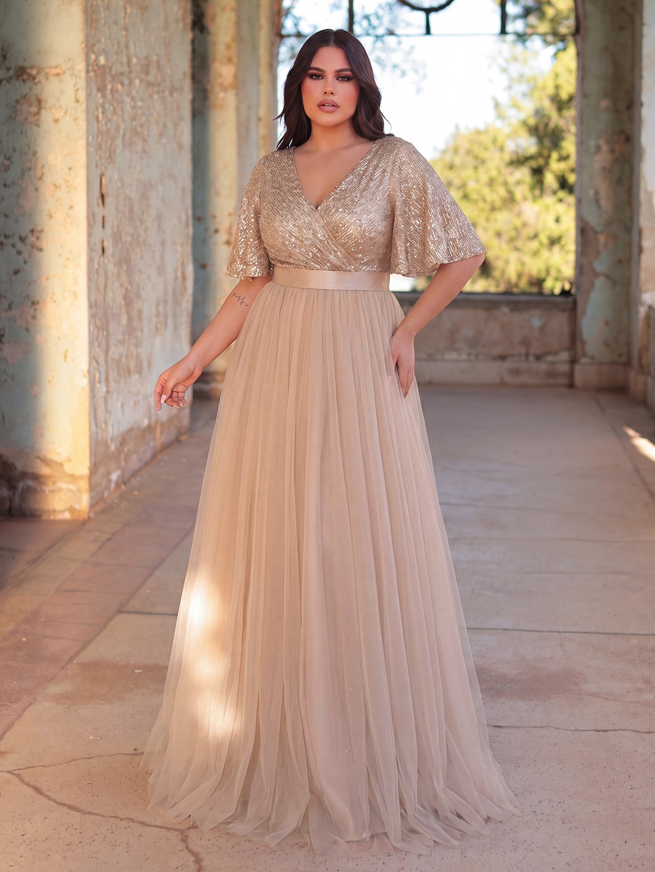 Plus-Size V-Neck Sequin Short-Sleeve A-Line Evening Gown — authorized product image 3