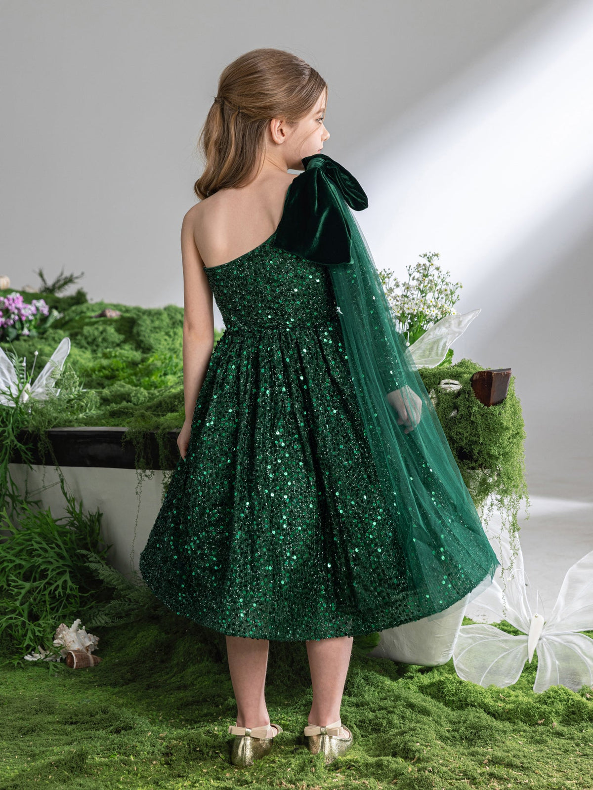 Additional product view of Bow Detail One-Shoulder Sequin A-Line Midi Tween Girls' Party Dress