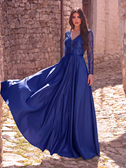 Elegant V-Neck Long Sleeve Evening Gown with Puffed Sleeve Detailing, Sequin Beaded Embellishments, Thin Waist Belt & Satin A-Line Skirt | Elegant Formal Dress for Special Occasions