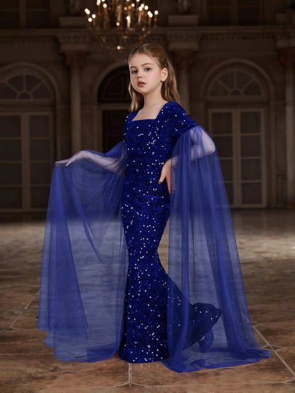 Additional product view of Cloak-Sleeve Square-Neck Sequin Mermaid Maxi Tween Girls' Party Dress