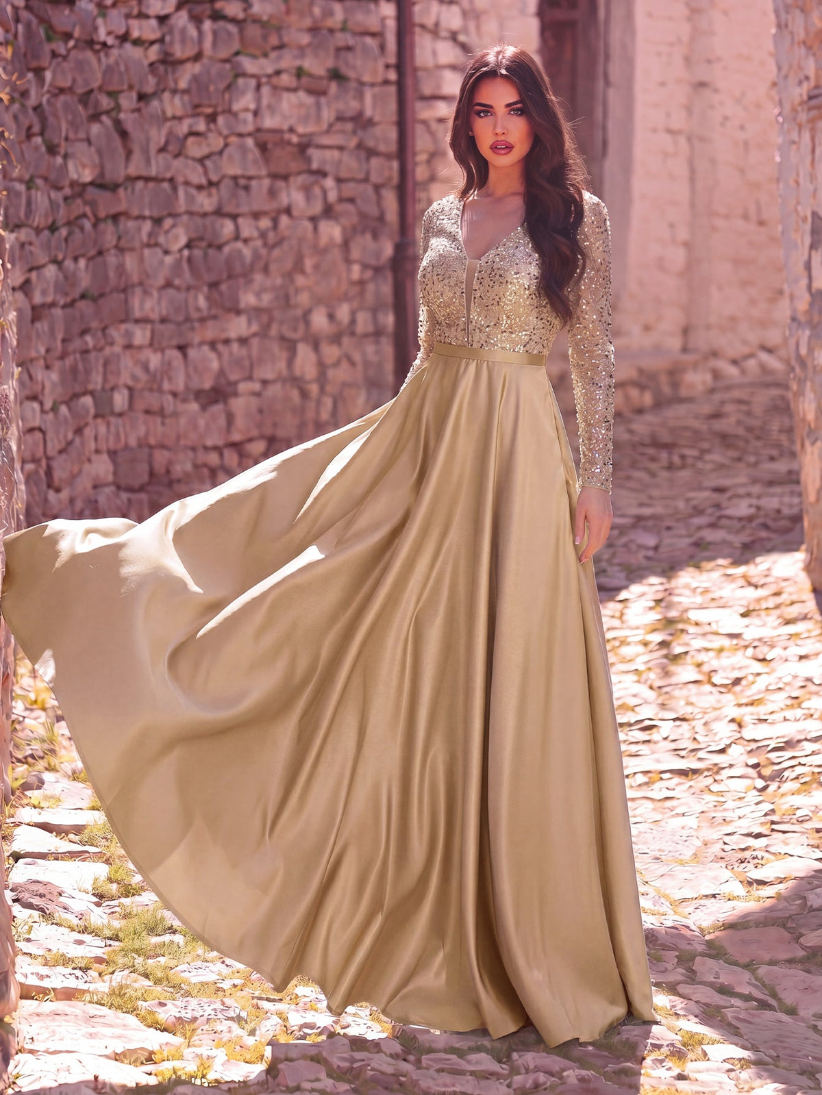 Elegant V-Neck Long Sleeve Evening Gown with Puffed Sleeve Detailing, Sequin Beaded Embellishments, Thin Waist Belt & Satin A-Line Skirt | Elegant Formal Dress for Special Occasions