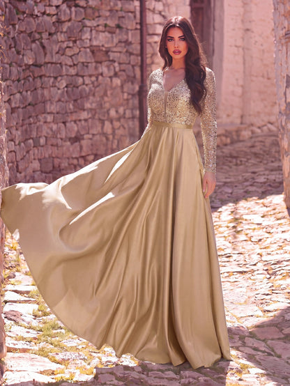 Elegant V-Neck Long Sleeve Evening Gown with Puffed Sleeve Detailing, Sequin Beaded Embellishments, Thin Waist Belt & Satin A-Line Skirt | Elegant Formal Dress for Special Occasions