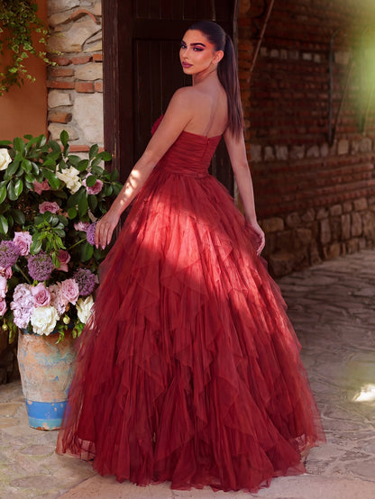 Elegant Strapless Mesh Overlay Formal Party Dress