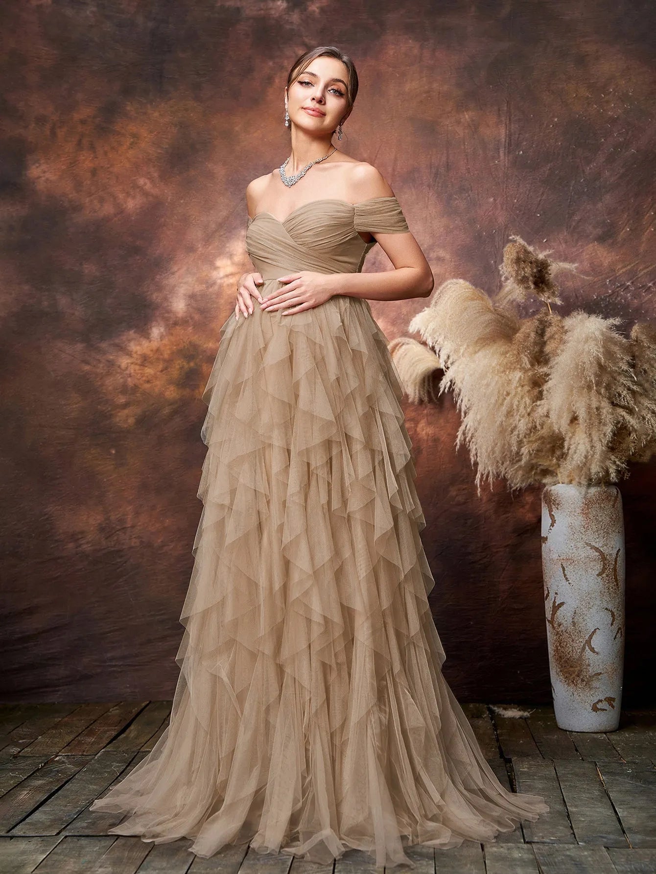 Maternity Off-Shoulder Tulle Short-Sleeve A-Line Evening Gown — authorized product image 10