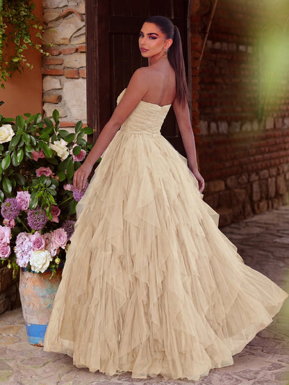 Elegant Strapless Mesh Overlay Formal Party Dress