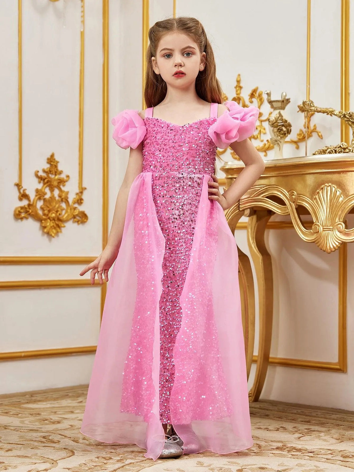 Additional product view of Mesh Overlay Sweetheart-Neck Sequin Mermaid Short-Sleeve Tween Girls' Party Dress