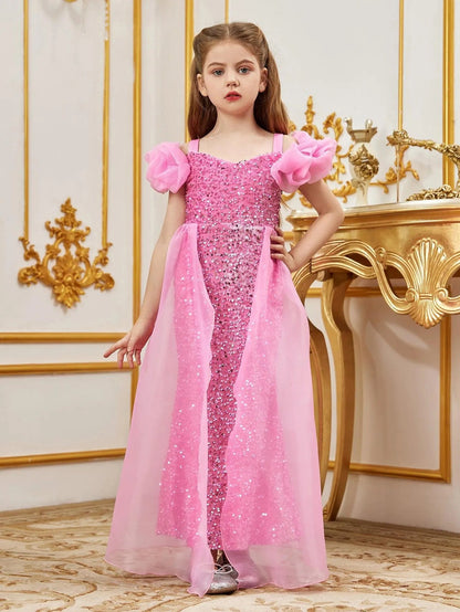 Additional product view of Mesh Overlay Sweetheart-Neck Sequin Mermaid Short-Sleeve Tween Girls' Party Dress