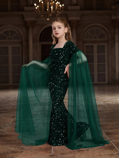Additional product view of Cloak-Sleeve Square-Neck Sequin Mermaid Maxi Tween Girls' Party Dress