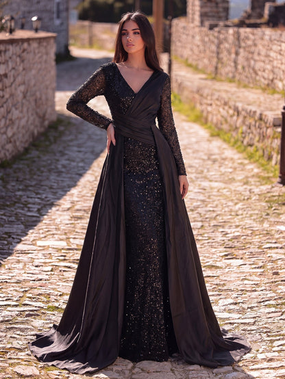Sequin Evening Gown with Sheer Long Sleeves, Deep V-Neck & Back V-Cut | Elegant High Slit Formal Dress for Special Occasions