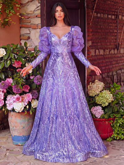 Luxury Plunging Neck Gigot Sleeves Graphic Sequin Prom Dress