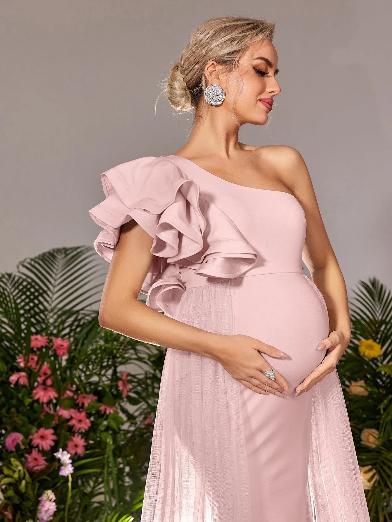 Additional product view of Mesh Overlay Ruffle Trim One-Shoulder Knit Mermaid Maternity Evening Dress