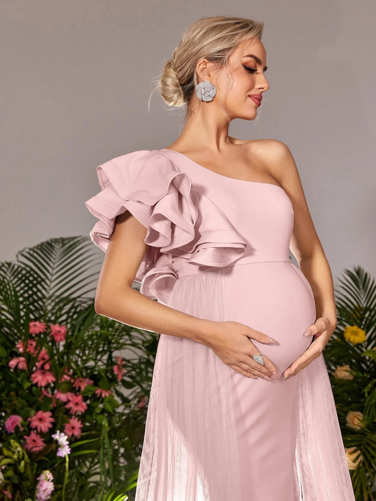 Additional product view of Mesh Overlay Ruffle Trim One-Shoulder Knit Mermaid Maternity Evening Dress