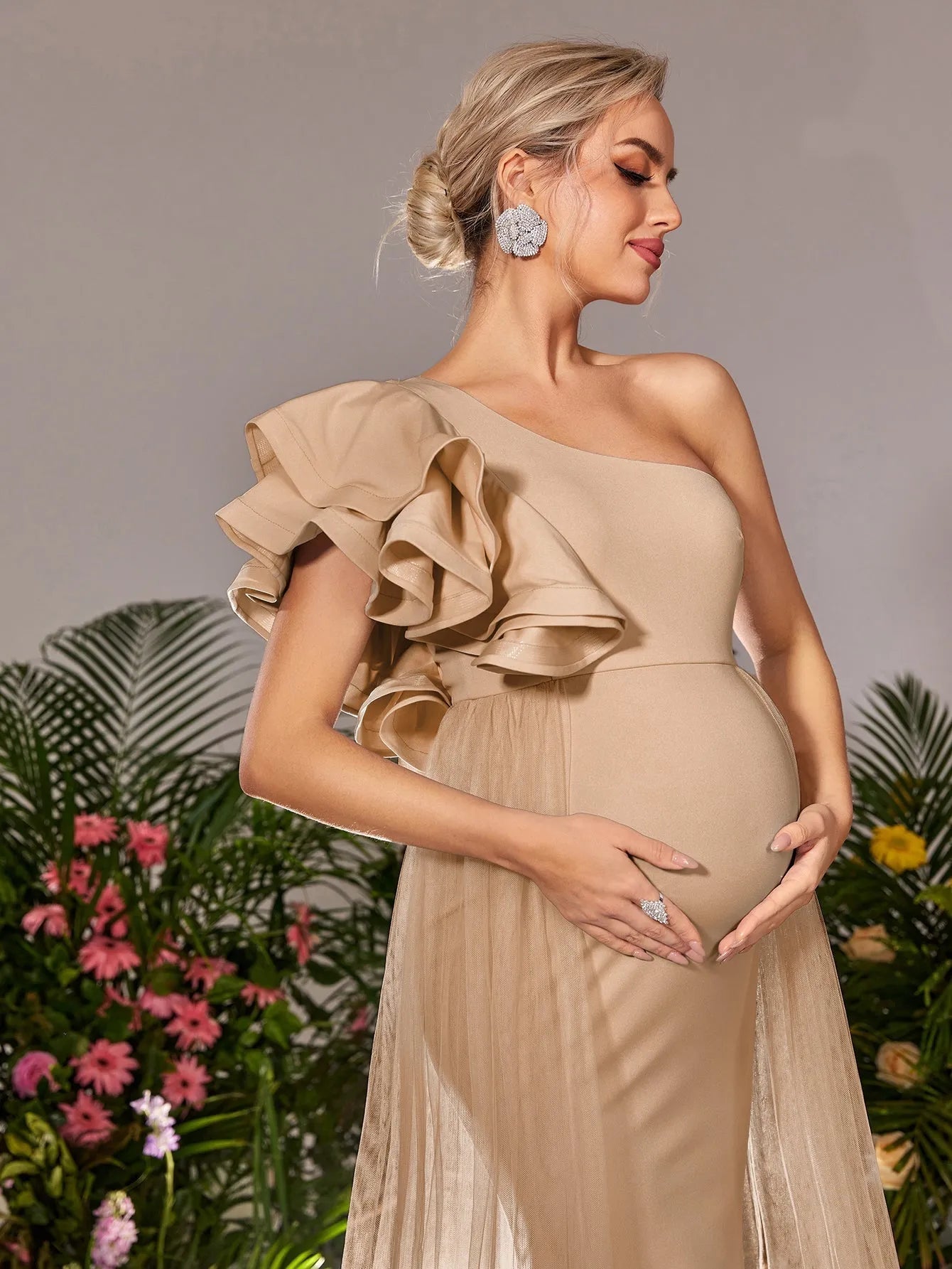 Additional product view of Mesh Overlay Ruffle Trim One-Shoulder Knit Mermaid Maternity Evening Dress
