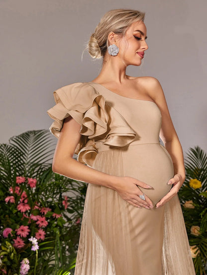Additional product view of Mesh Overlay Ruffle Trim One-Shoulder Knit Mermaid Maternity Evening Dress