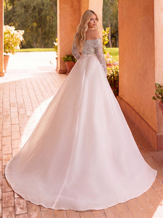 Additional product view of Mermaid Hem Satin Off-Shoulder Long-Sleeve Sequin Wedding Dress