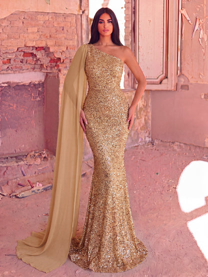 Elegant Sequin One Shoulder Sash Prom Dresses