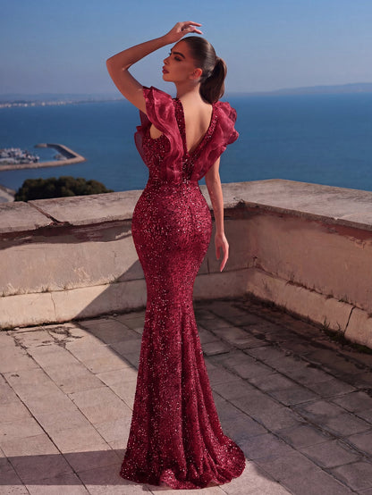 Mesh Insert Ruffle Trim Split Sequin Mermaid Dress