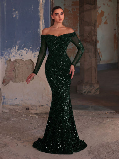 Gorgeous Off Shoulder Mermaid Hem Sequin Evening Dress