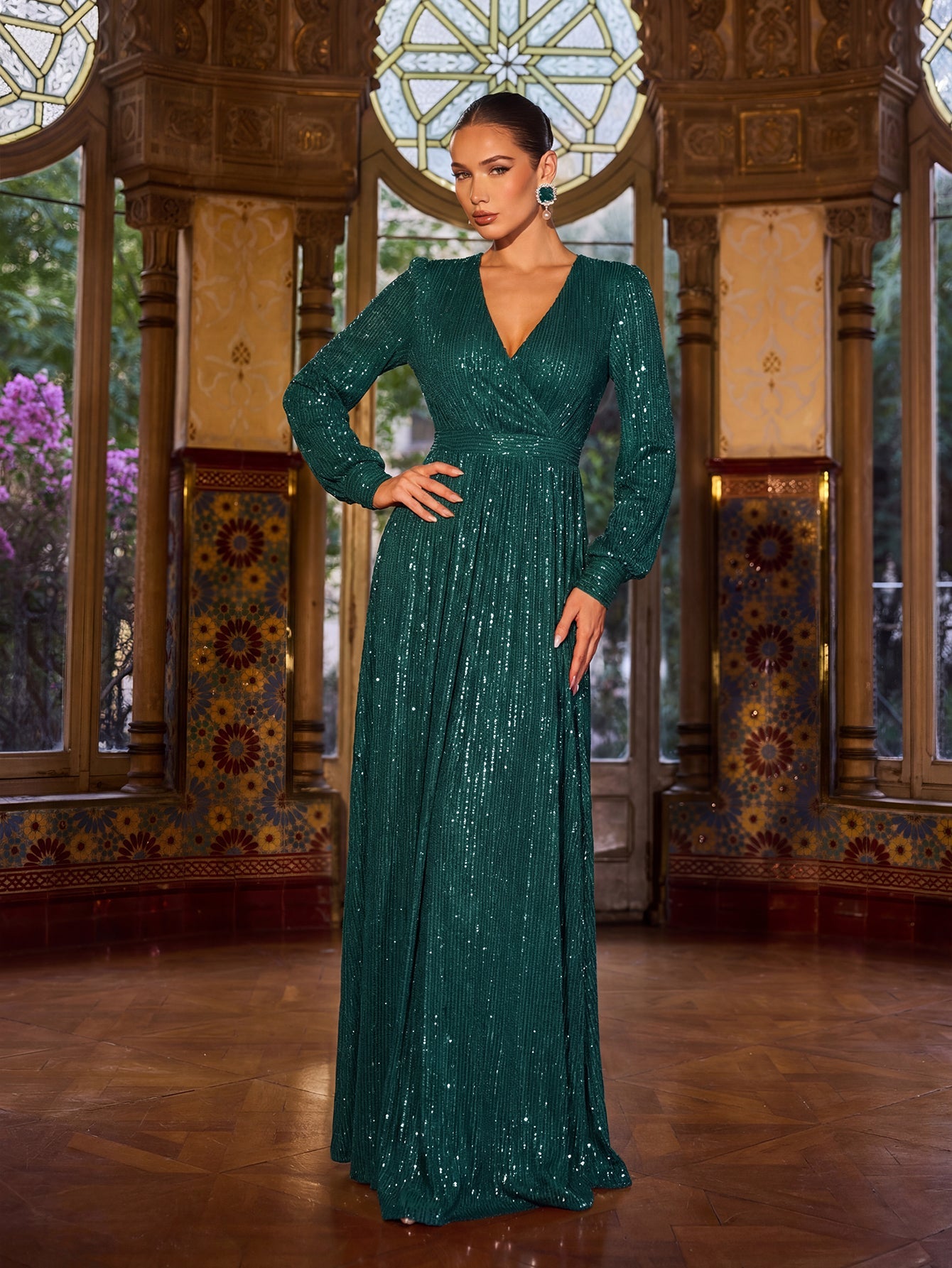Elegant V Neck Long Sleeves Sequin A Line Dresses