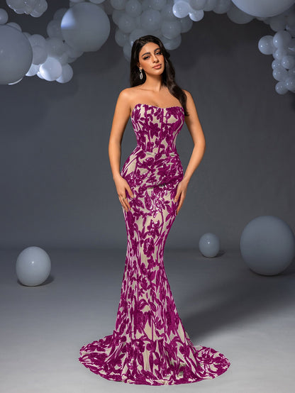 Elegant Strapless Mermaid Hem Floral Sequin Formal Evening Dress