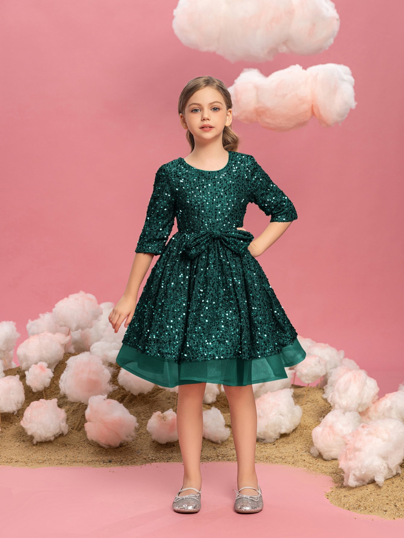 Additional product view of Three-Quarter-Sleeve Bow Detail Sequin A-Line Midi Tween Girls' Party Dress