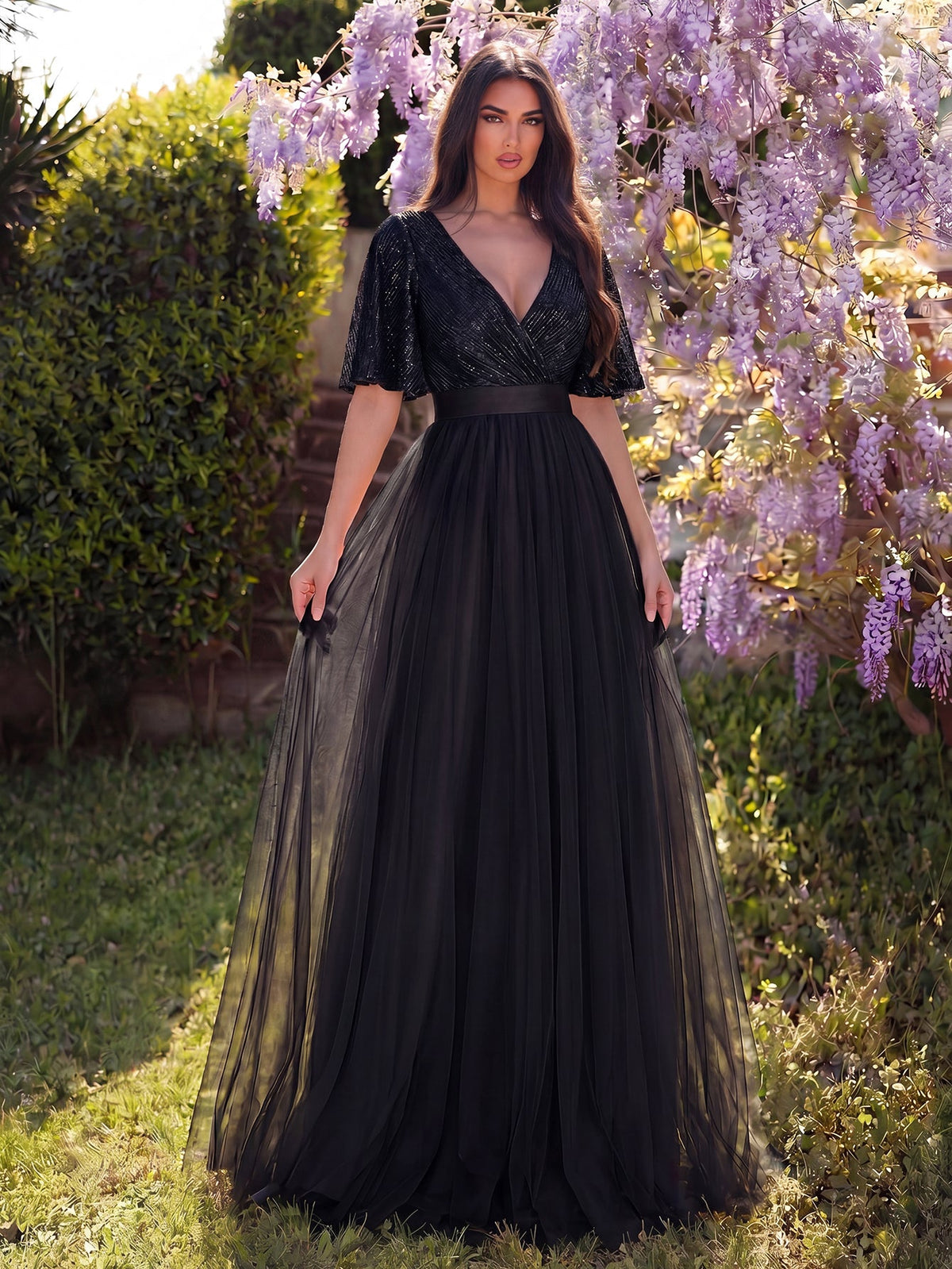 Alternate view of Surplice-Neck V-Neck Mesh Sequin A-Line Evening Gown in Black