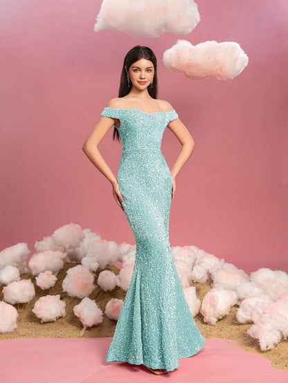 Additional product view of Mermaid Hem Off-Shoulder Sequin Short-Sleeve Maxi Teen Girls' Party Dress